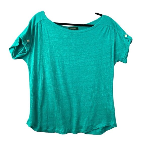 Lauren Ralph Lauren Tops - RALPH LAUREN Women 100% Linen Short Sleeve‎ Pullover Top Sz L Green Casual 10-18